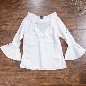 NATORIous • linen blouse ruffle popover eyelet cut out Natori luxury cream white